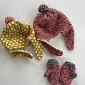 Baby Boden knit Pom Pom hats (2) and mittens set (1)